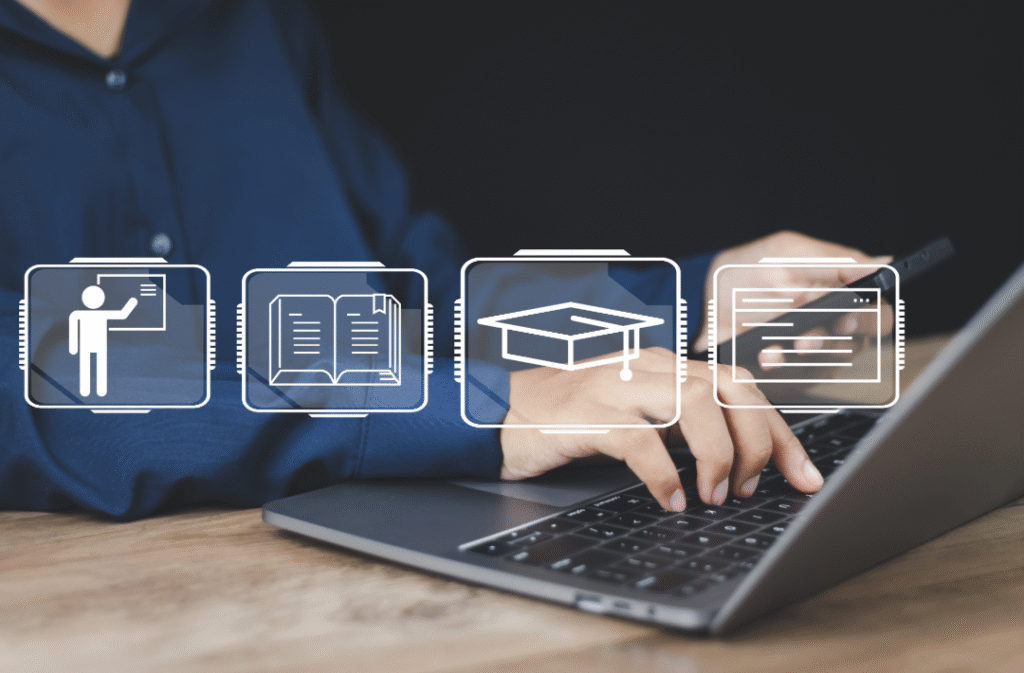 Person working on a Laptop with AI icons visible